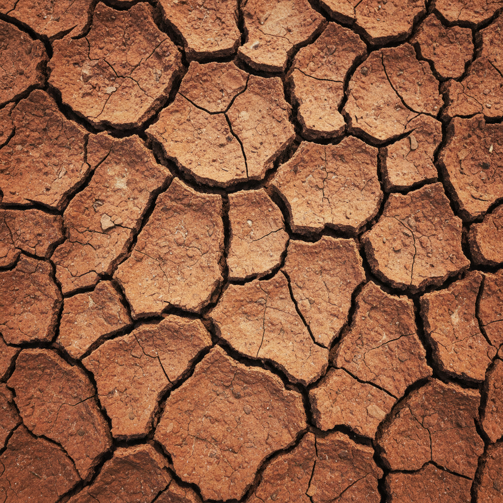 square photo of cracked dry clay soil, earthy brown and reddish tones, minimal and abstract, suitable as a bold hero image background, no text